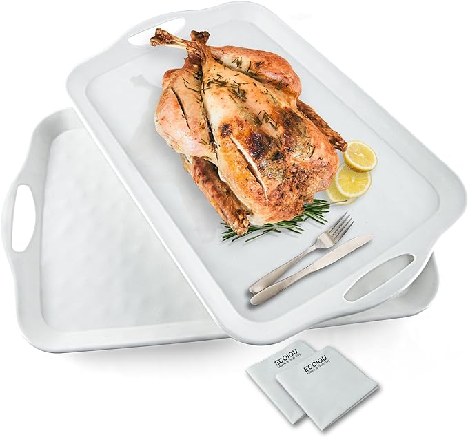 ECOIOU Extra Large Serving Tray with Handles, 20x13 inch, Set of 2 Melamine Platters for Serving Food, Turkey, Cookie, Rectangular Trays for Eating, Raised Dots Matt Finished, Dishwasher Safe, White by Ecoiou