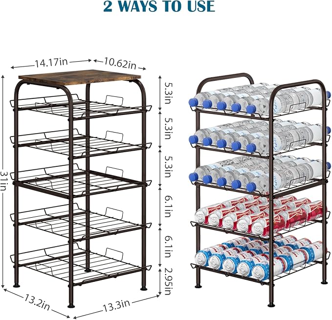 smusei Water Bottle Organizer 5 Tier Free Standing Water Bottle Holder Rack Large Capacity Bottled Water Storage Rack Metal Soda Can Beverage Drink Stand Shelf for Kitchen Pantry Office, Brown - Image 5