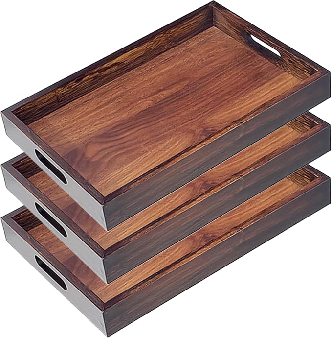 3 Pack Serving Tray with Handles, 13" x 8.7" Bamboo Tray | Serving Platter for Coffee Table, Tray for Bed, Couch, Ottoman, Kitchen Counter, Rustic Decor & Entertaining Essentials by VSUINGO-StriveforPerfection