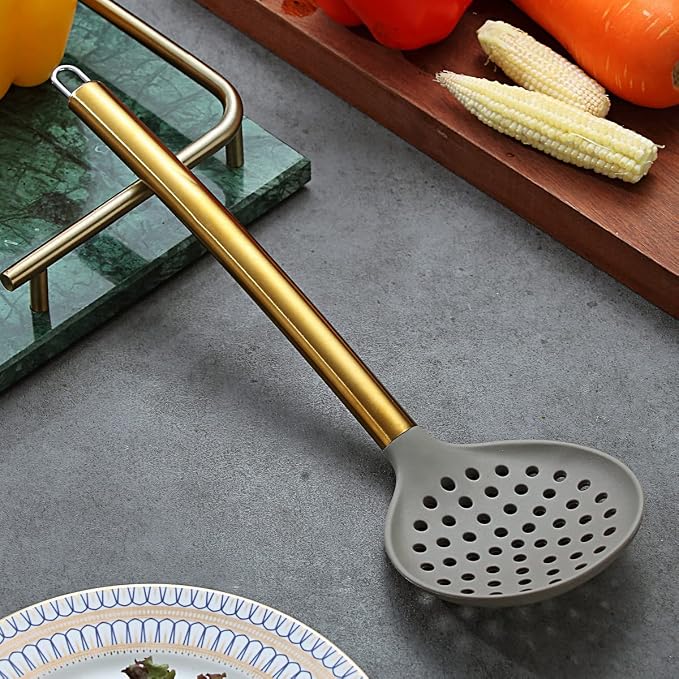 Gold Skimmer, Berglander Non-stick Silicone Strainer With Titanium Gold Plating handle, Kitchen Cooking Skimmers For Non-Stick Cookware, Dishwasher Safe, Easy to Clean - Image 2