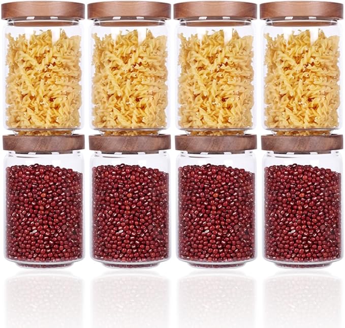 SAIOOL Stackable Kitchen Canisters Set of 8,High Borosilicate Glass Cylinder Airtight Food Storage, sort out the tea, flour, candies, grain easily and clearly | Cylinder Shape, Airtight Food Storage, For Tea, Flour, Candies, Grain, Clear Visibility by SAIOOL