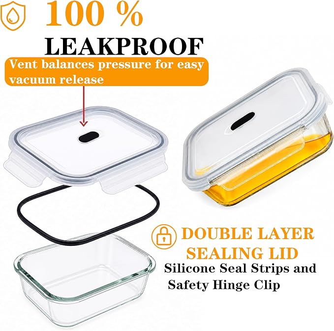 24-Piece Reusable Glass Meal Prep Containers, Meal Prep Glass Containers with Airtight Lids, Leakproof Glass Food Storage Containers, Glass Containers with Lids, Oven Freezer Safe, Black Lids - Image 2