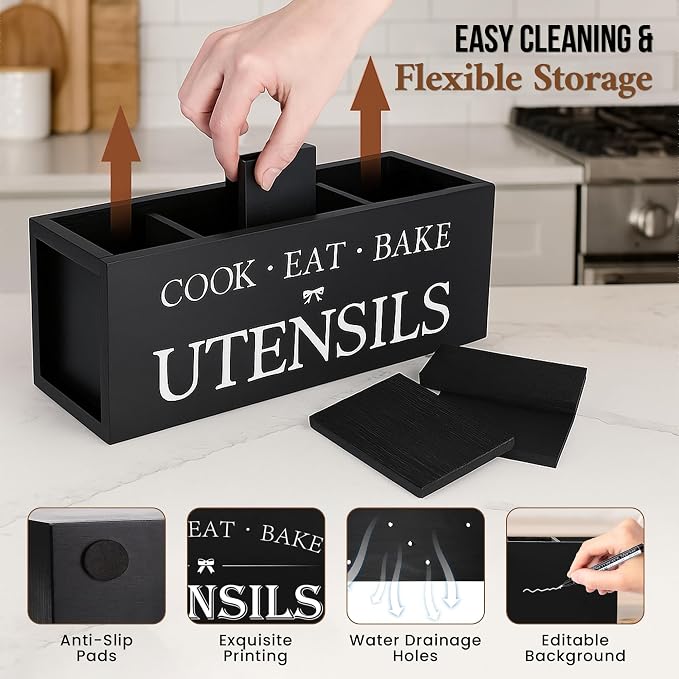 Extra Large Kitchen Utensil Holder with 4 Compartments, Wooden Countertop Organizer, Rustic Black Farmhouse Decor for Cooking Tools, Spoons, Spatulas, Knives & Forks - Image 2