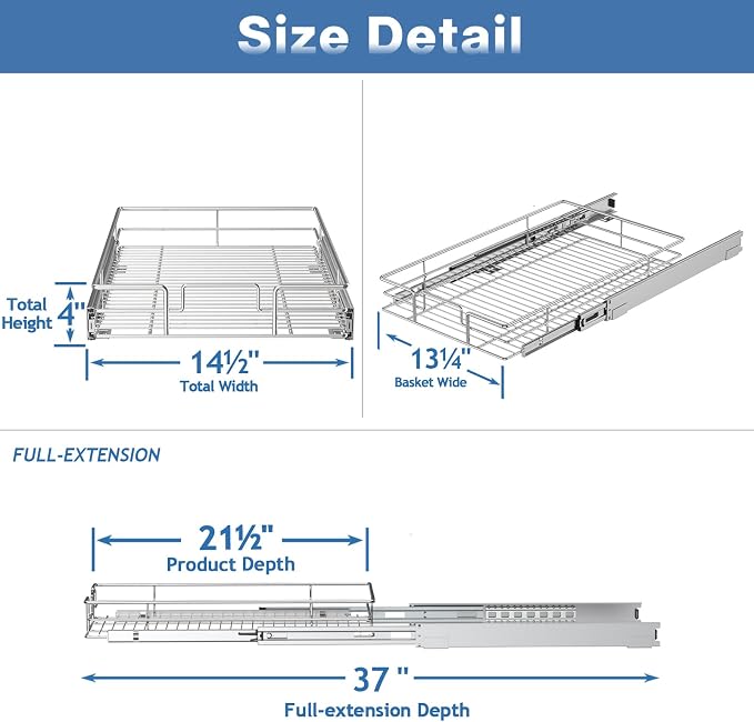 ROOMTEC Pull Out Cabinet Organizer, Cabinet Pull Out Shelves 14½" W x 21½" D, Heavy Duty Cabinet Drawers Slide Out Kitchen Cabinet Organizers Storage Shelf - Image 3