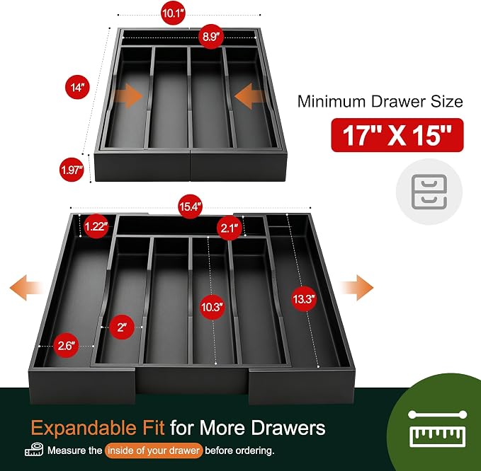 Expandable Bamboo Kitchen Drawer Organizer for Cutlery and Utensils, Adjustable Bamboo Wood Cutlery Tray in Drawer for Flatware and Silverware in Kitchen, (Black) - Image 2