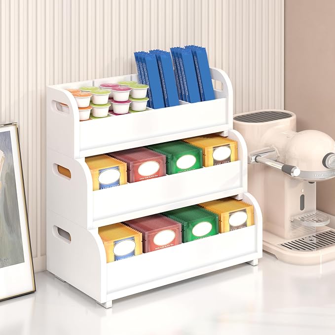 3-Tier Bamboo Tea Bag Organizer, Stackable Tea Holder for Countertop, White | Tea Box Shelf with Removable Dividers, Wall Mount Large Capacity Tea Organizers and Storage for Pantry Kitchen Office Bar by Wisuce