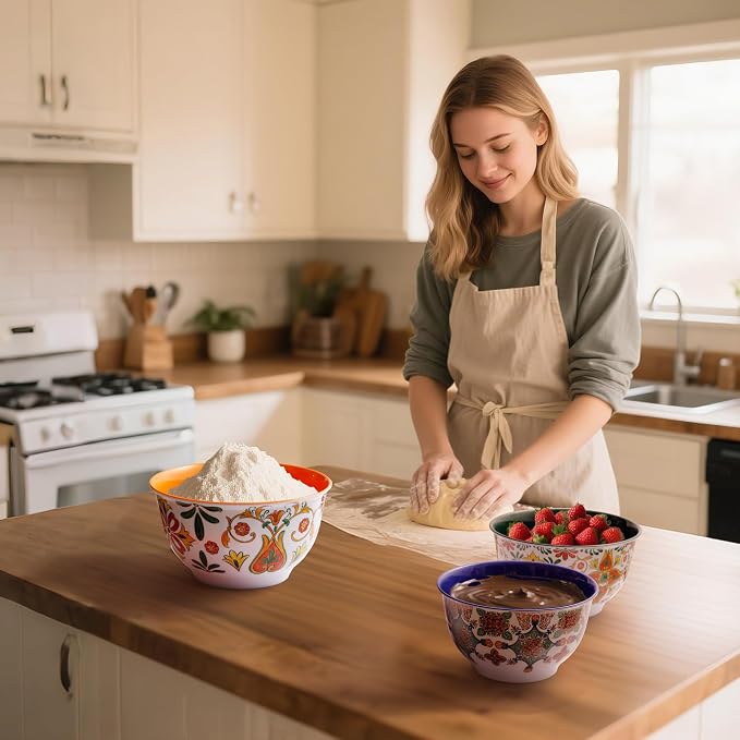 TP Melamine Mixing Bowl Set with Lids, Salad Bowl Set of 3, Aztec Bloom | Nesting Design,Break-resistant,Pasta & Salad Prep, Baking Prep, Space-saving Storage, Freezer Safe, Dishwasher Safe - Image 3