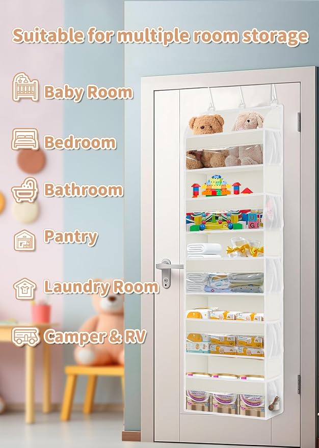 TAHAVICE 2 Pack Over the Door Storage Organizer with 5 Large Pockets | 44 lbs Weight Capacity & 10 Mesh Pockets Door Hanging Organizers and Storage for Bedroom,Bathroom,Nursery,Babyroom(Beige) - Image 4