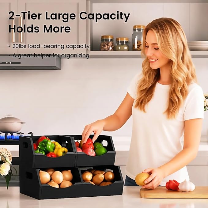 Potato and Onion Storage Bin, 2 Tier Bamboo Kitchen Storage Rack, Stackable Ventilated Pantry Organizer with Handles for Garlic Peppers Vegetables, Countertop Produce Bins, Black(Assembly Required) - Image 2