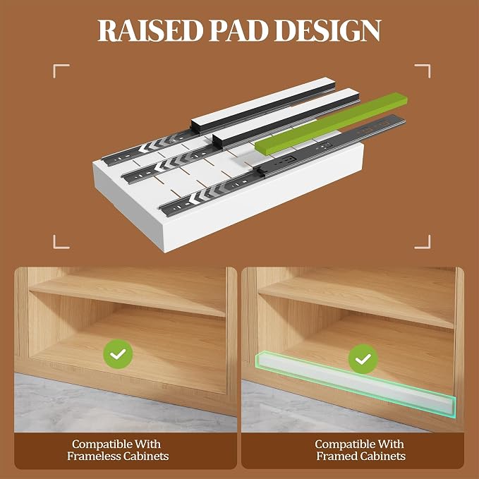 Seinloes 4 Pack Expandable Pull Out Cabinet Organizer 21" Deep With Raising Pad for Framed Cabinets,Upgrade 3 Slide Rails Slide Out Drawers,No Drill Roll Out Shelves,Adjustable Width 9"-14" White - Image 2