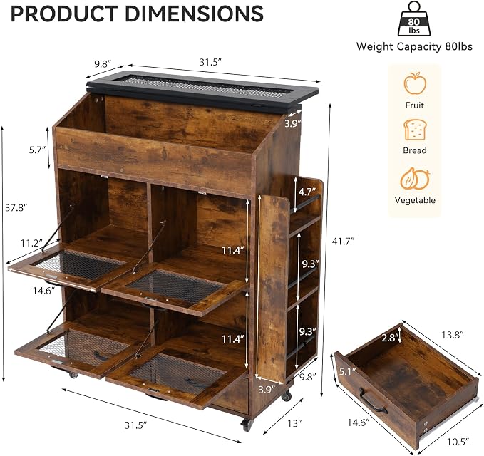 Verano Garden 31.5" Large Potato and Onion Storage Bin on Wheels, Bread Box | Fruit and Vegetable Organizer, Rolling, Side Rack, Flip-top, Mesh Doors, 4-Tier, Grocery Section, Ventilated, Wood, Kitchen - Image 2