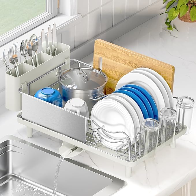 Urackify Dish Drying Rack, Stainless Steel Dish Rack with Auto Drain | Rustproof Dish Drainer with Cutlery Holder & Auto Drain, 16.9" L x 12.4" W Big Load for Plate Dish Sliverware, Light Geen by Urackify