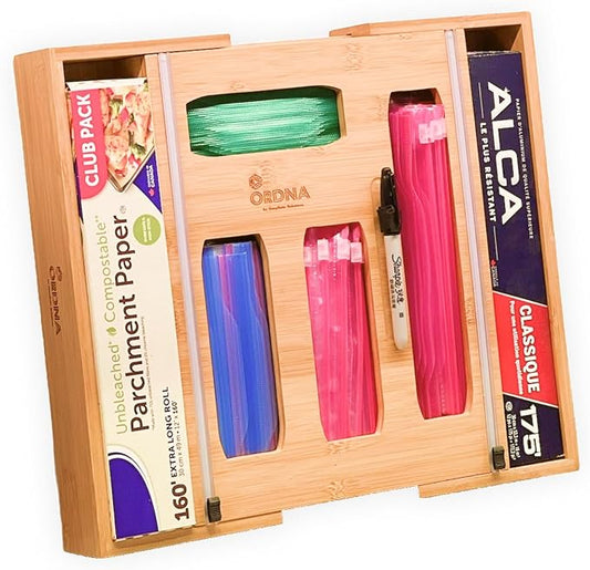 3" Slim 6-in-1 Expandable Storage Bag Organizer Kitchen Drawer - Bamboo Baggie Organizer for Drawer, Aluminum Foil & Saran Wrap Cutter, Plastic, Gallon, Quart & Sandwich Bags (11.5"-17.63" Wide) by Unknown