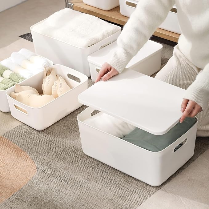 6 Piece Plastic Storage Baskets Boxes with Lids, 11.8x8x4.7 Inch Stackable Organizing Bins with Handles, White Versatile Containers for Pantry, Bathroom, Closet Shelves Desktop (White, 6M) - Image 2