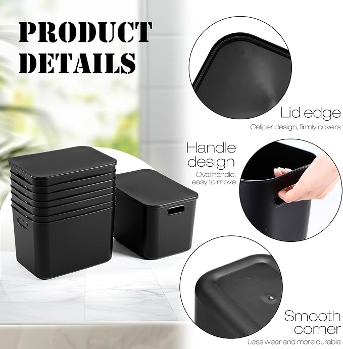 8 Pieces Colorful Storage Bins with Lid, Plastic Storage Basket Organizing Container Stackable Box with Handle for Shelves Desktop Playroom Office(14.2 x 10.2 x 9.5 Inch,Black) - Image 3