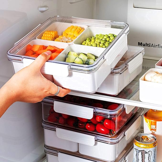 2Pack Divided Veggie Tray with Lid Snackle Box Serving Container Salad Keeper with 4 Removable Boxes Stackable Refrigerator Organizer Bins Produce Saver for Meal Prep Fruit - Image 2