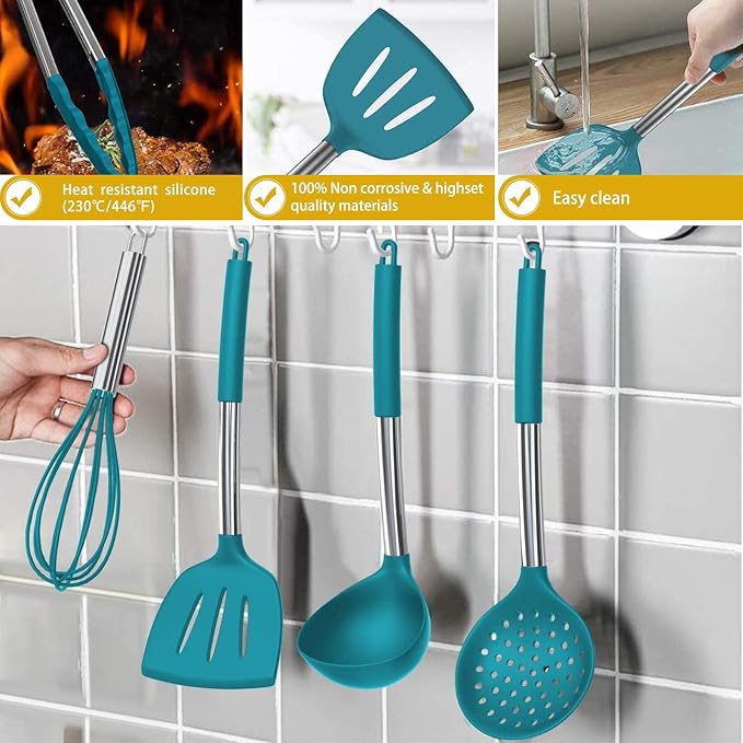 15 Pcs Silicone Cooking Utensils Kitchen Utensil Set - Umite Chef 446°F Heat Resistant Stainless Steel Handles Kitchen Gadgets Tools Set for Nonstick Cookware(Blue) - Image 6