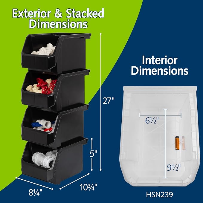 Medium-Tall Stackable Plastic Storage Bins, 4-Pack, Black | Open-Front Stackable Bins For Garage, Pantry, Closet & Office, 7"L X 11"W X 8"H, Nests When Empty, Durable Plastic, - Image 2