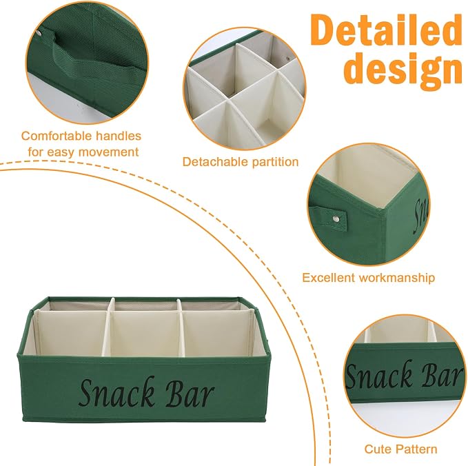 Snack Organizer for Countertop, Fabric Snack Bar Station with Handles, 6 Compartment Container, Kitchen Pantry Storage and Organizer, Green - Image 2