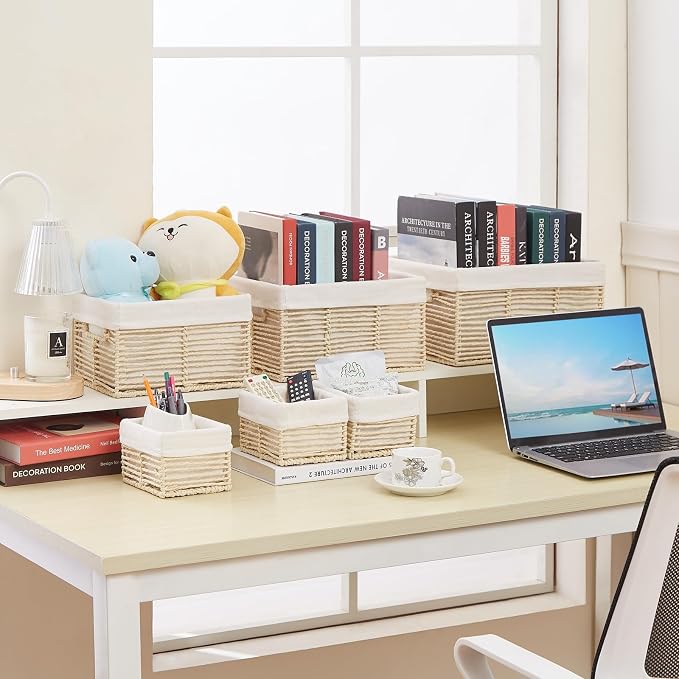 Wicker Storage Baskets, 6 Pack Baskets for Organizing, Wicker Basket with Handle, Rectangular Basket for Storage Shelves, Cube Storage Bins for Closet/Clothes/Dresser, Beige - Image 5