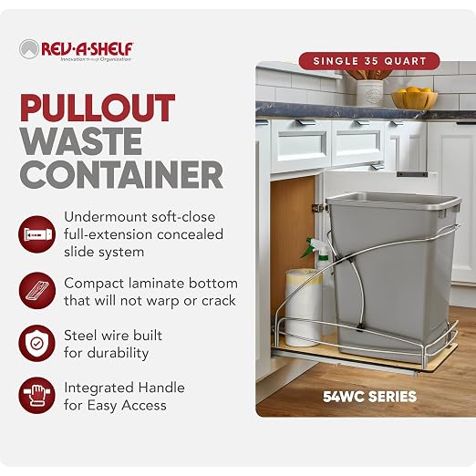 Rev-A-Shelf 35 Qt / 8.75 Gal Steel Bottom Mount Single Pullout Waste Container w/Soft-Close for Base Cabinets, Min Opening Width of 11", Silver, 54WC-1535SC-17-1 - Image 2