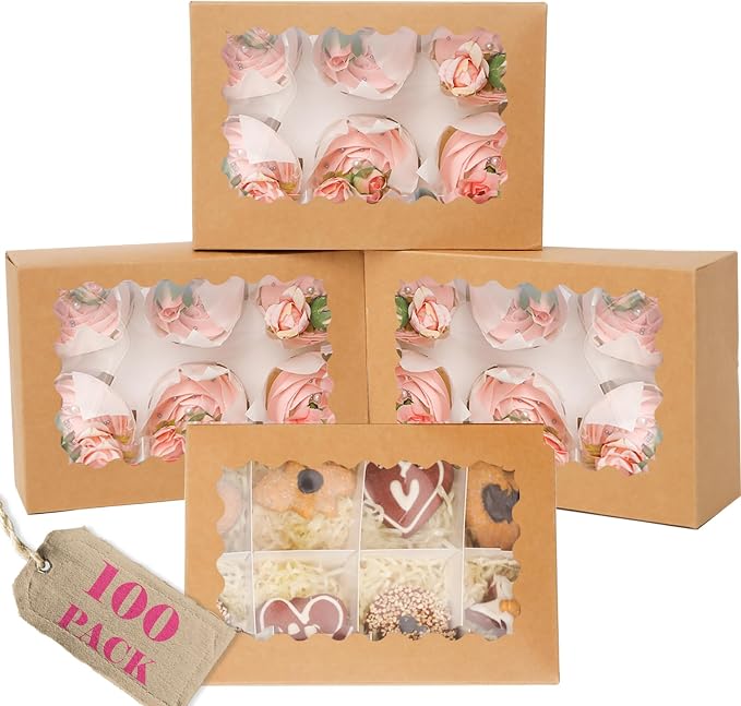 qiqee Auto-pop Up Cupcake Boxes with Window Brown 100PCS 6 Count Cupcake Box 9.4"x6.1"x3" Cupcakes Carrier, 6 Cupcake Containers by Qiqee