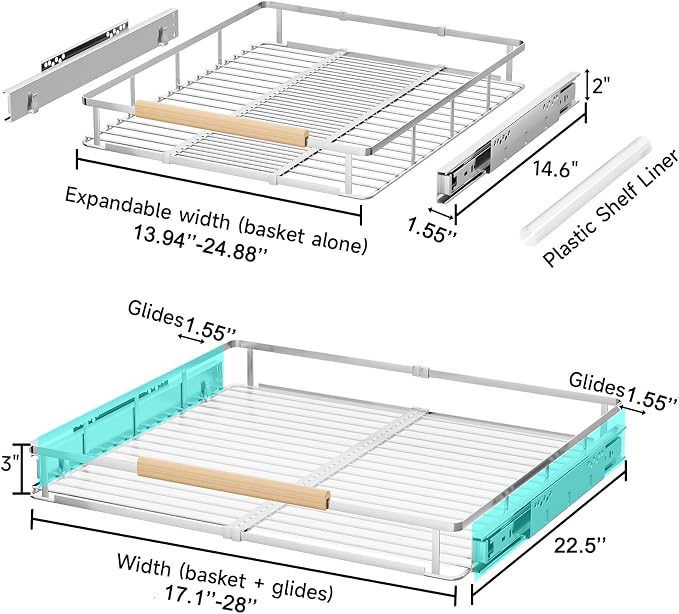 Expandable Pull Out Cabinet Organizer, 17.1"-28.1" W x 22.5" D | 1Pack, Stainless Steel Slide Out Drawers, Heavy Duty Drawer Slides, For Kitchen Pantry Cupboard Pots Pans, Adjustable Width - Image 2