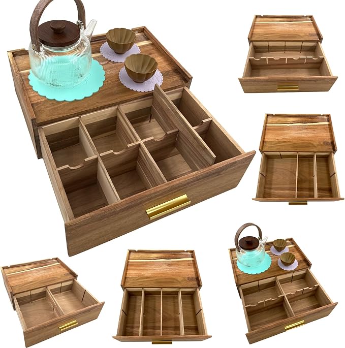 Acacia Wood Tea Bag Organizer with Drawer – Countertop Storage Box | Larger Size Tea Caddy Storage, Tea Station Chest for Countertop, Tea Box Storage Drawer,Customizable compartments - Image 3