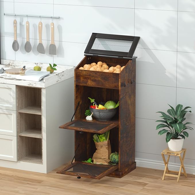 Wooden Potato and Onion Storage Bin w/Lid, Large Capacity and Ventilated Design, Ideal for Pantry, Kitchen Brown by suntage