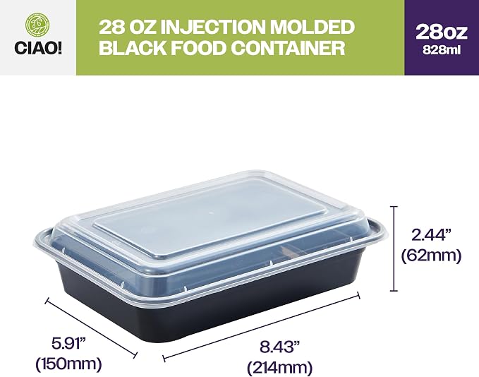 CIAO! Heavy Weight 28oz Injection Molded Microwavable Black Rectangular Food Container with Lid (150/case) - Image 4