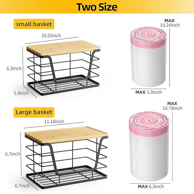 ALOCEO 2 Pack Stackable Wire Storage Basket with Bamboo Lid, Stainless Steel Extra Large Trash Bag Dispenser Roll Holder for Kitchen Sink, Kitchen Storage Bins for Potato and Onion, Black - Image 3