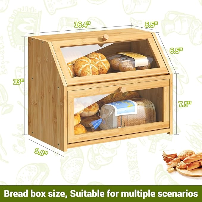 BMOSU Farmhouse Bread Box for Kitchen Countertop Bread box Double Layer Bamboo Wooden Extra Large Capacity Bin Kitchen Food Storage Container(Natural) - Image 7