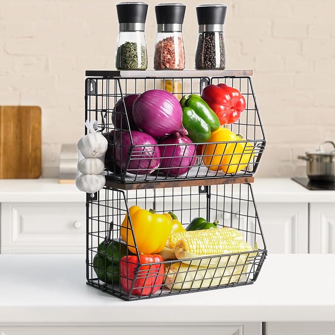 Mefirt Fruit Bowl, Stackable Wall Mounted Fruit Basket of Smooth Wood Lid with 4 Banana Hanger Hooks, Metal Kitchen Counter Organizer for Snack, Fruit and Vegetable Storage, 11.8 * 7.9 * 8.5 Inches - Image 5