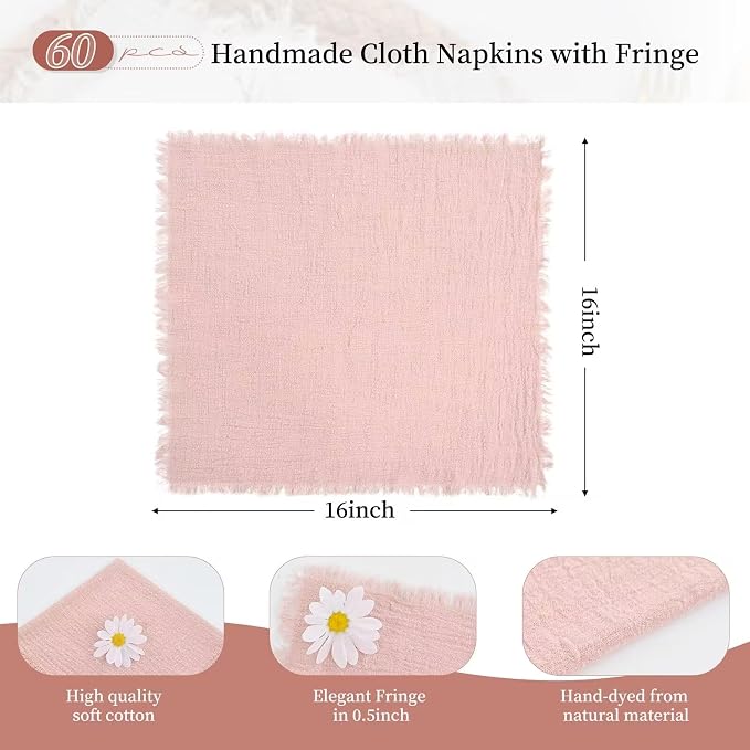60 Pack Pink Cotton Linen Napkins - 16 x 16 Inch Soft Handmade Fringe Napkins for Wedding Party Dinner Table - Image 2