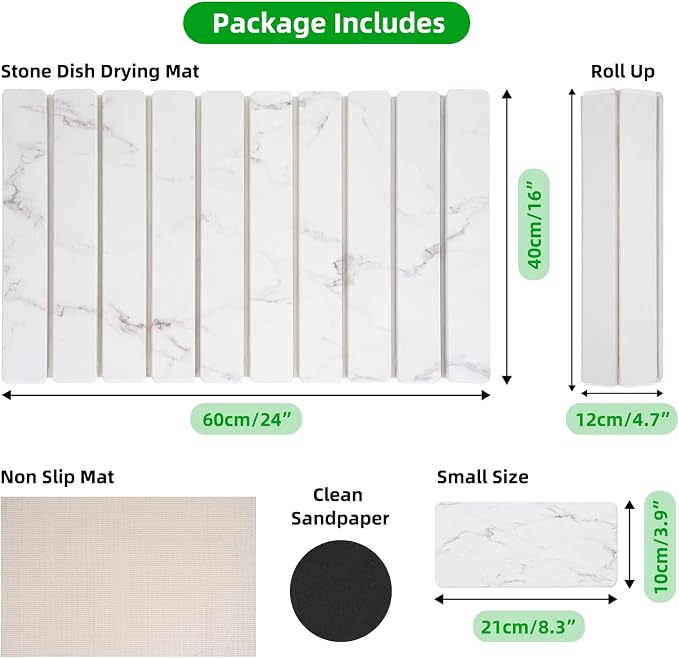 Large Stone Dish Drying Mat for Kitchen Counter, 24"×16" Foldable Quick Drying Mat, Absorbent Diatomaceous Earth Drying Mat for Bottles Cups Dishes, Match Any Countertop (White Marble, 24" x 16") - Image 8