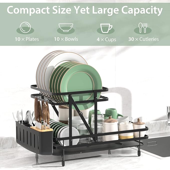 GOFLAME Dish Drying Rack with Drainboard, Collapsible 2-Tier Dish Rack and Drainboard Set with Removable Drip Tray, 360° Swivel Spout, Utensil Holder, Large Capacity Dish Drainer for Kitchen Counter - Image 2