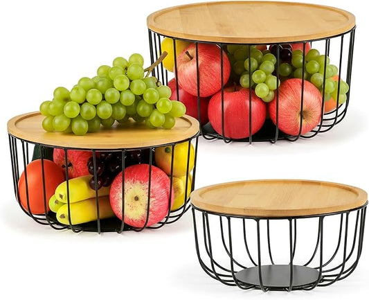 WELTOKE 3 Pack Fruit Basket For Kitchen Counter,Stackable Mesh Fruit Basket With Bamboo Lid,Large Fruit Bowl For Fruit And Vegetable Storage,Pantry Organizers by WELTOKE