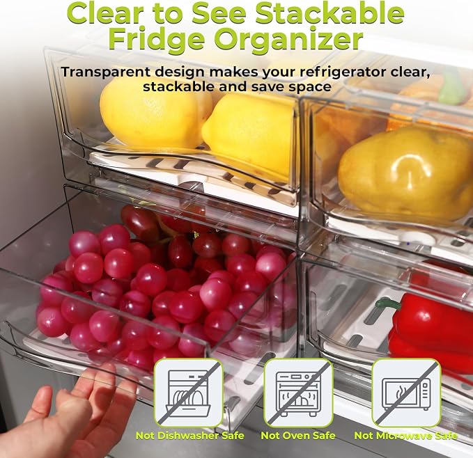 4Pack Fridge Organizer, Stackable Refrigerator Organizer Bins, Reusable Food Storage Containers, BPA-Free with Drain Tray for Bathroom, Kitchen, Refrigerator, Pantry (4 Drawers, Large, Medium) - Image 7