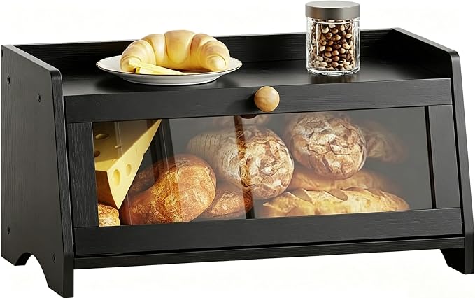 BAMBANG Bread Box for Kitchen Countertop, Bamboo Bread Box for Homemade Bread, Wooden Farmhouse Bread Storage Container, Large Breadbox Bread Bin Organizer for Counter Cabinet Pantry, Black by BAMBANG