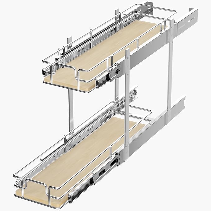 ROOMTEC 2 Tier Individual Pull Out Cabinet Organizer 7½"W x 21½"D, Slide Out Wood Shelves Organizers, Pull Out Drawers Organization and Storage for Kitchen Cabinet by ROOMTEC