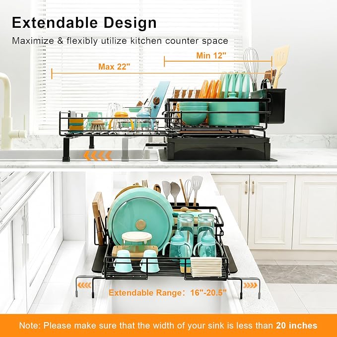 4-in-1 Expandable Dish Drying Rack, Modular Organizer, Rustproof | Extra Large Dish Racks for Kitchen Counter, Tool-Free Dish Drainer with Self-Draining Tray, Foldable Over the Sink Dish Rack - Image 4