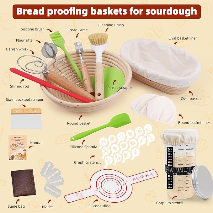 Bread proofing baskets for sourdough 19-Piece Set ，9" Round & 10" Oval Sourdough basket，Sour dough tools，Including bread pull ring, dough mixer,Complete Sour dough starter kit - Image 2