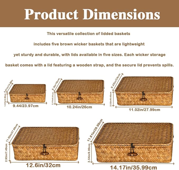 Wicker Basket With Lid Set of 5,Decorative Boxes with Lids Flat Storage Bins,Multipurpose Seagrass Storage Baskets,Wicker Basket With Lid Woven Organizer Baskets for Shelf, Closet, Bedroom - Image 2