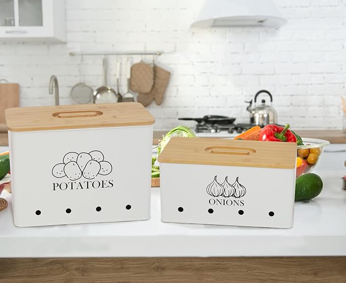 Potato and Onion Storage Bin Set of 2, Vented Metal Vegetable Storage with Wooden Lids, Farmhouse Kitchen Canisters for Countertop Pantry Organizer, Potato Bin Onion Holder for Produce Storage, White - Image 6