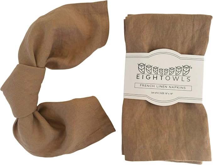 Linen Napkins –100% French Flax – Stonewashed Pure Linen Cloth Napkins - Size 18 Inch x 18 Inch – Set of 4 (Caramel) by EightOwls