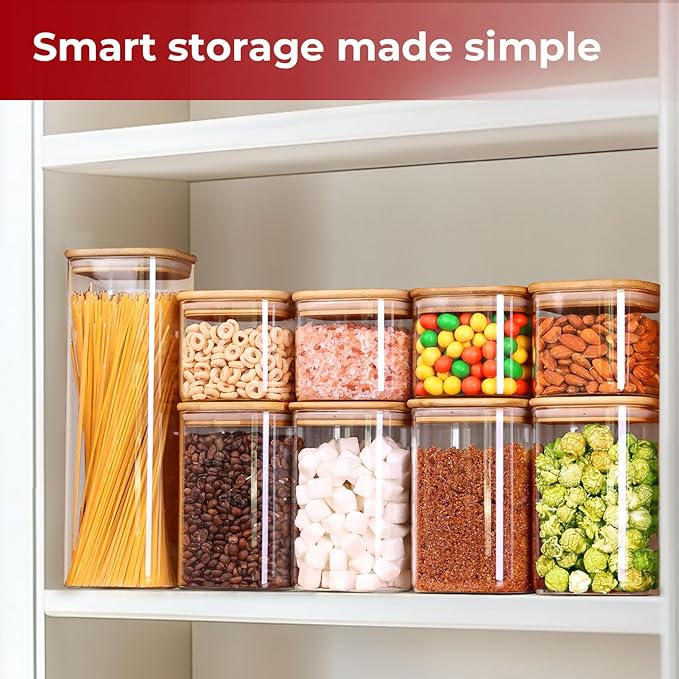 Glass Pantry Storage Containers with Bamboo Lids 1Qt 4 Pack Square | Pantry Organization, Coffee Beans Flour Sugar Pasta Cereal Dry Food Storage, Labels Included, Kitchen Organization - Image 5