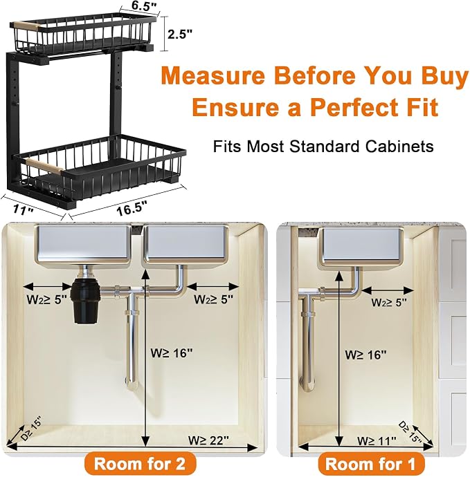 Under Sink Organizer, Adjustable 2 Tier Pull Out Kitchen Bathroom | cabinet organizer, 5 level adjustable, quiet sliding rails, dual suction and nano tape, no drill, rust resistant holds 50 lbs - Image 2