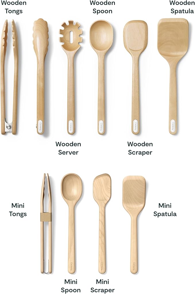 Caraway 9-Piece Wooden Kitchen Utensils Set for Cooking | Serving, and Plating, Full-Size and Mini Spoons, Scrapers, Spatulas, Tongs and Server, Birch Wood - Image 3