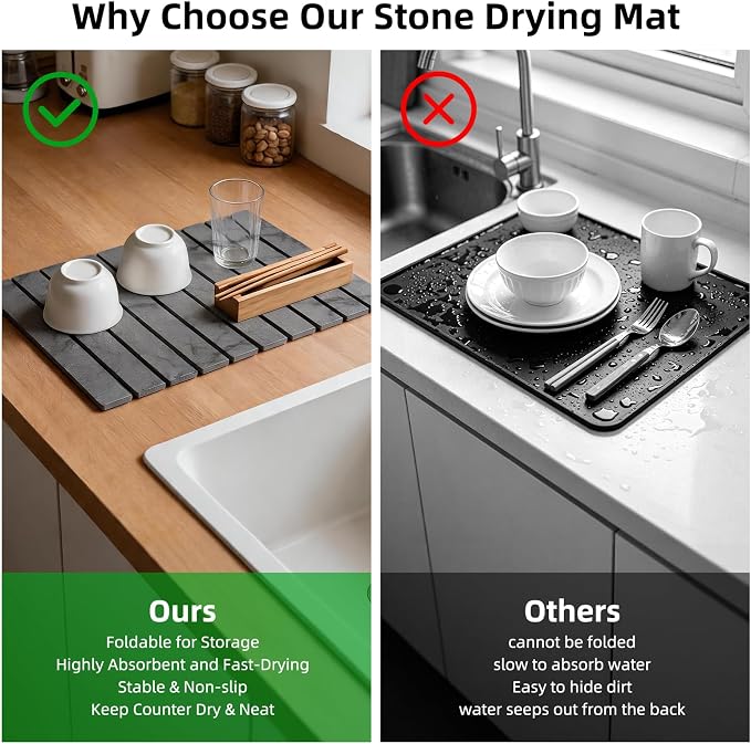 Large Stone Dish Drying Mat for Kitchen Counter, 24"×16" Foldable Quick Drying Mat, Absorbent Diatomaceous Earth Drying Mat for Bottles Cups Dishes, Match Any Countertop (Dark Gray Marble, 24" x 16") - Image 7