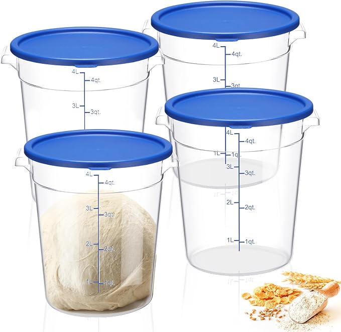4 Pcs 4 Qt Food Storage Container Bucket with Lids Clear Proofing Containers for Dough Rise Bread with Scale Handle Round Flour Commercial Storage Bucket for Home Restaurant Food by Suclain